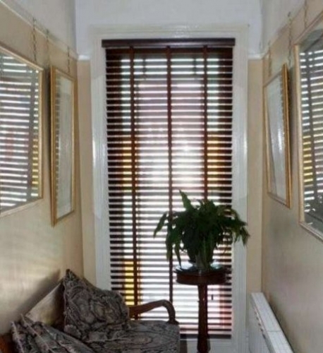 Made to measure dark Wooden Venetians With Tape finish matches furniture in hallway in Worthing, West Sussex