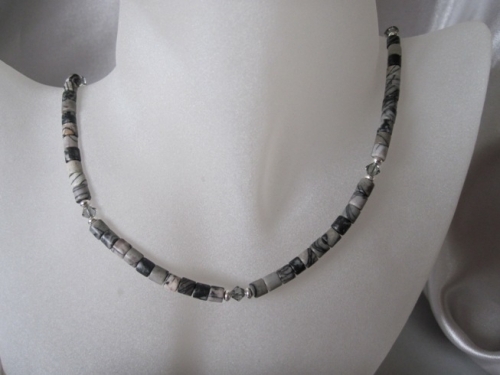 Black & Grey Crazy Lace Agate, Swarovski Crystals & Sterling Silver Necklace - SSN0143