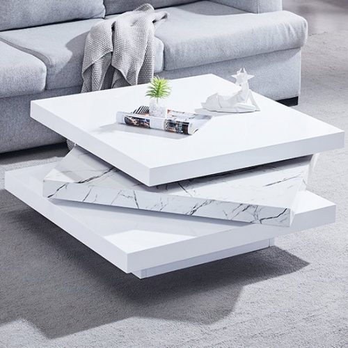 Triplo White Square Rotating Coffee Table In Vida Marble Effect