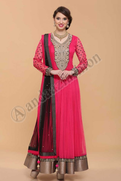 Designer Party Wear Dark Pink Net Anarkali Churidar Suit