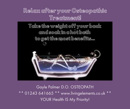 Relax in the bath after an Osteopathic treatment. Gayle Palmer - Osteopath - https://living-elements-clinic.cliniko.com/bookings
