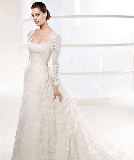 A-line Chapel Train white Lace Wedding Dress with Full Sleeve Length Lace Jacket