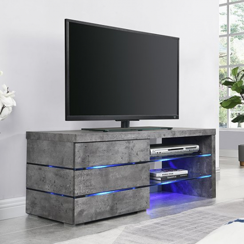 Sonia Wooden TV Stand In Concrete Effect With Blue LED Lights