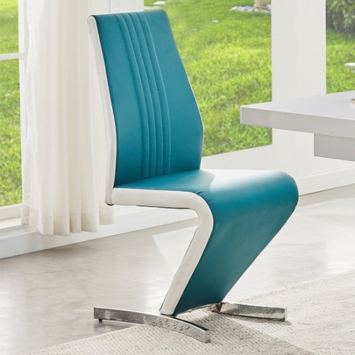 Gia Faux Leather Dining Chair In Teal White With Chrome Base
