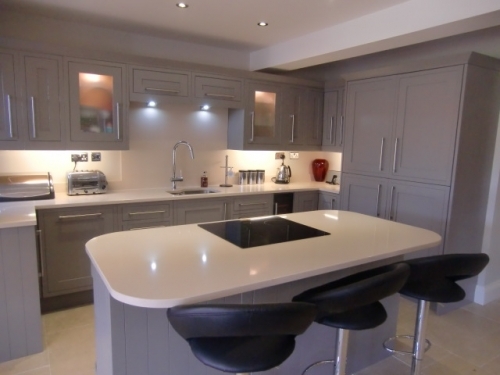 Technistone Crystal Royal Cream worktops on top of Cooke Lewis units