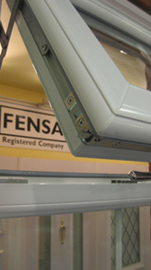 Close-up of our Deceuninck profile which we install, Fensa logo in background