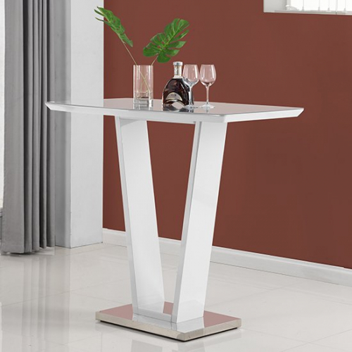 ILko High Gloss Bar Table In White With Stainless Steel Base
