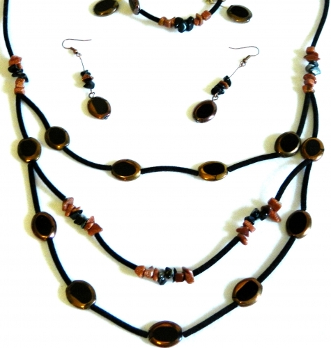 Onyx and Goldstone with Copper Gilded Black Glass Bead Necklace, Bracelet and Earring Set
