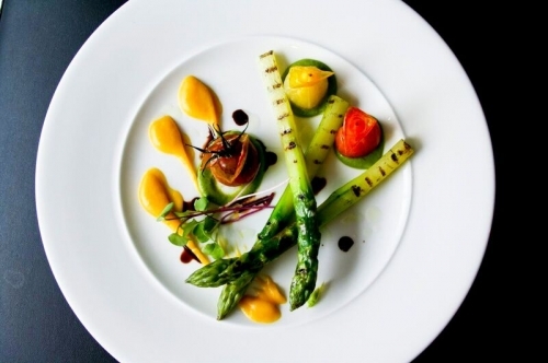 Grilled Asparagus with Carrot Mousse and Comfit Tomatoes