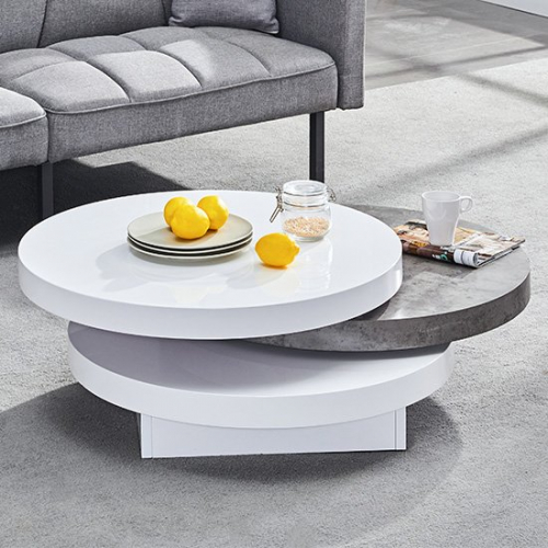 Triplo White Round Rotating Coffee Table In Concrete Effect